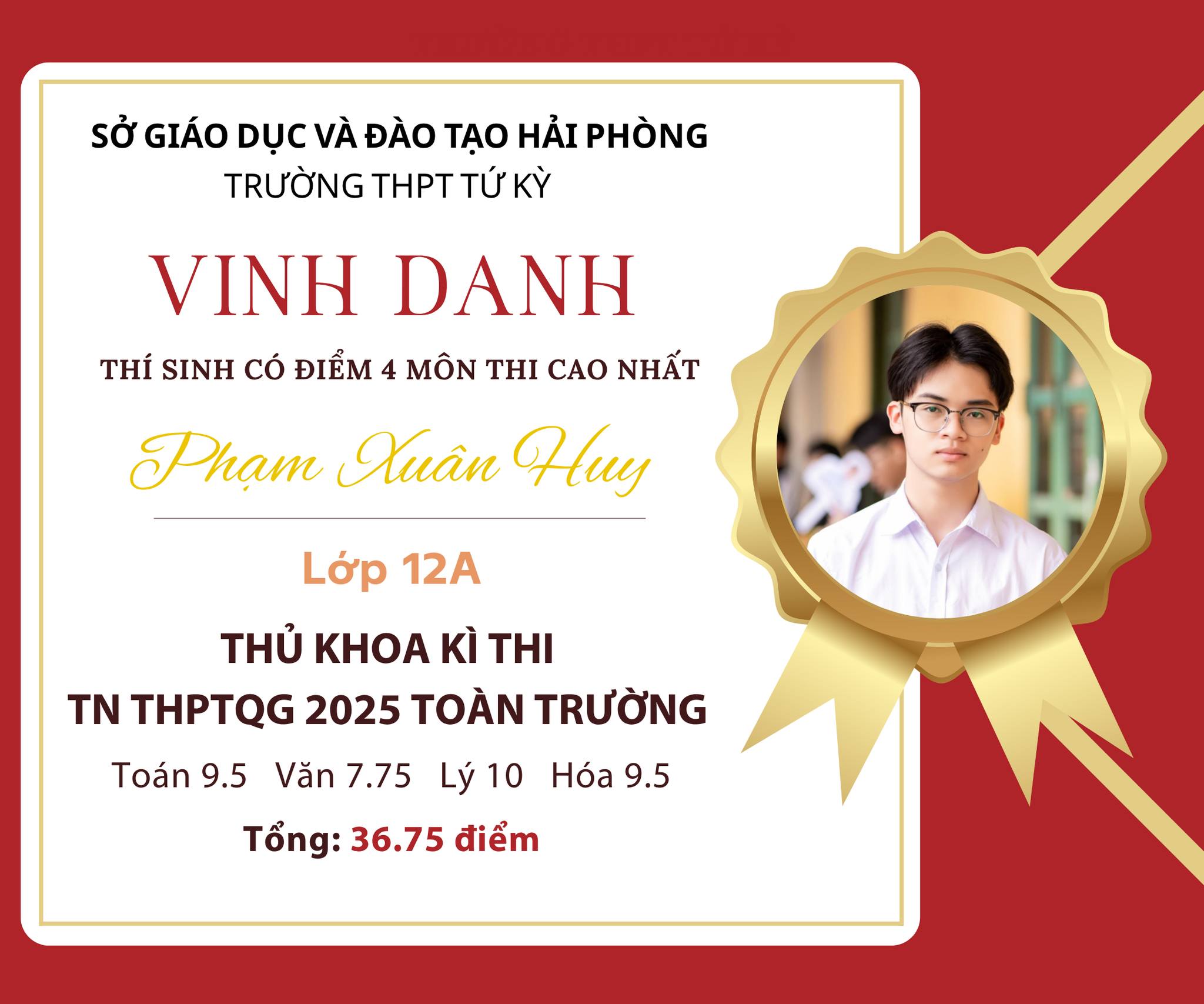 VINH DANH THỦ KHOA CÁC KHỐI CỦA TRƯỜNG THPT TỨ KỲ TẠI KỲ THI THPT QUỐC GIA 2025